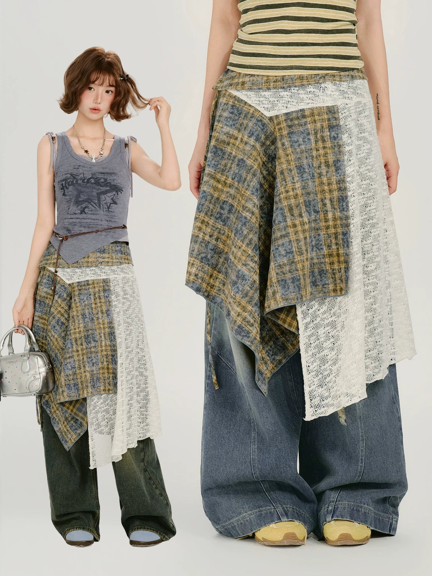 Girlyhalo Irregular Lace Plaid Fart Curtain
