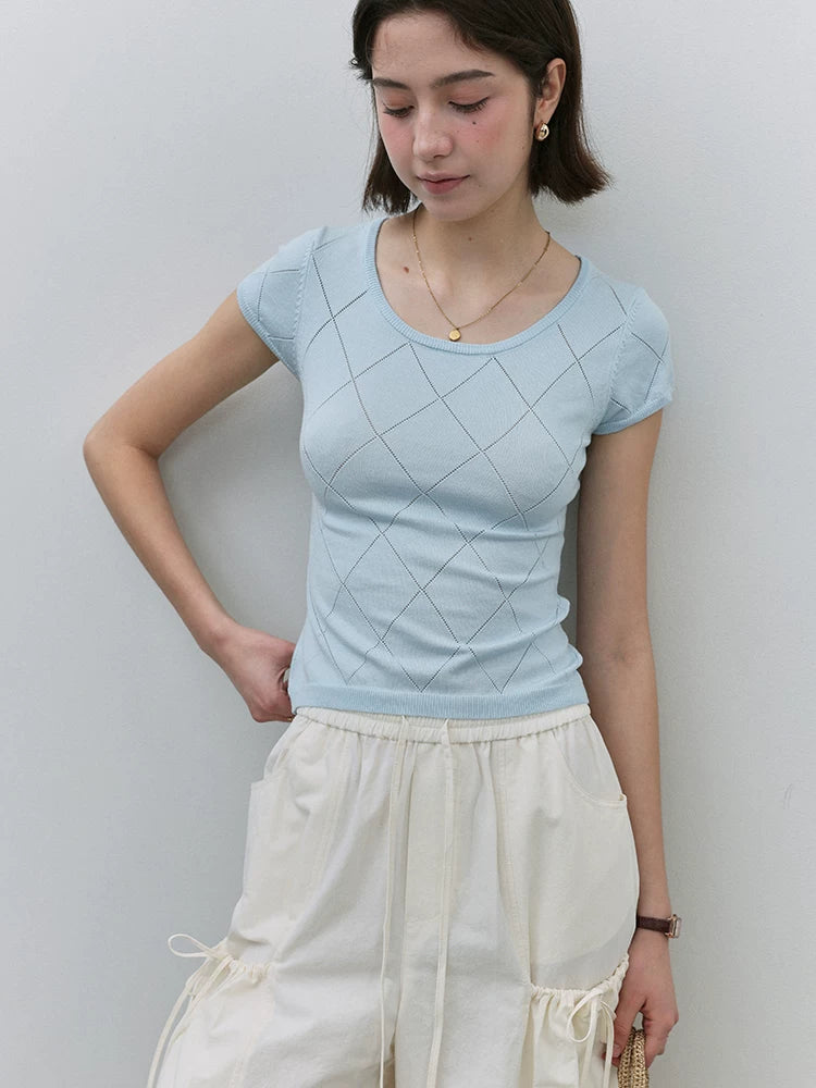 VOOE Hollow U Neck Knitted Slim Fit Breathable Tee