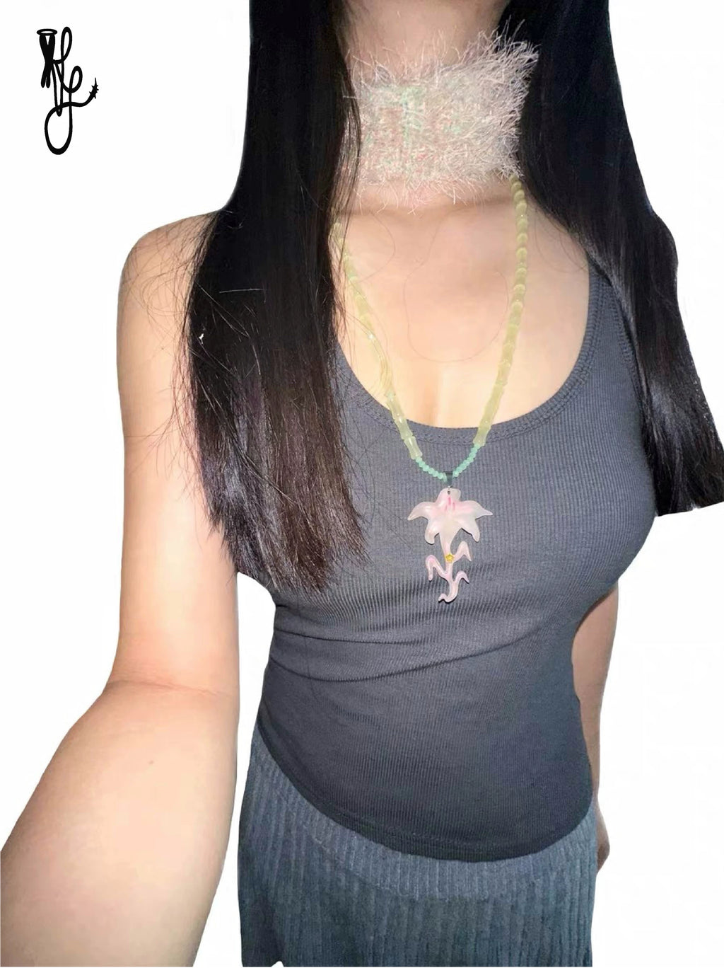 TheNewYouthPark Jade Inlaid Zircon Long Necklace