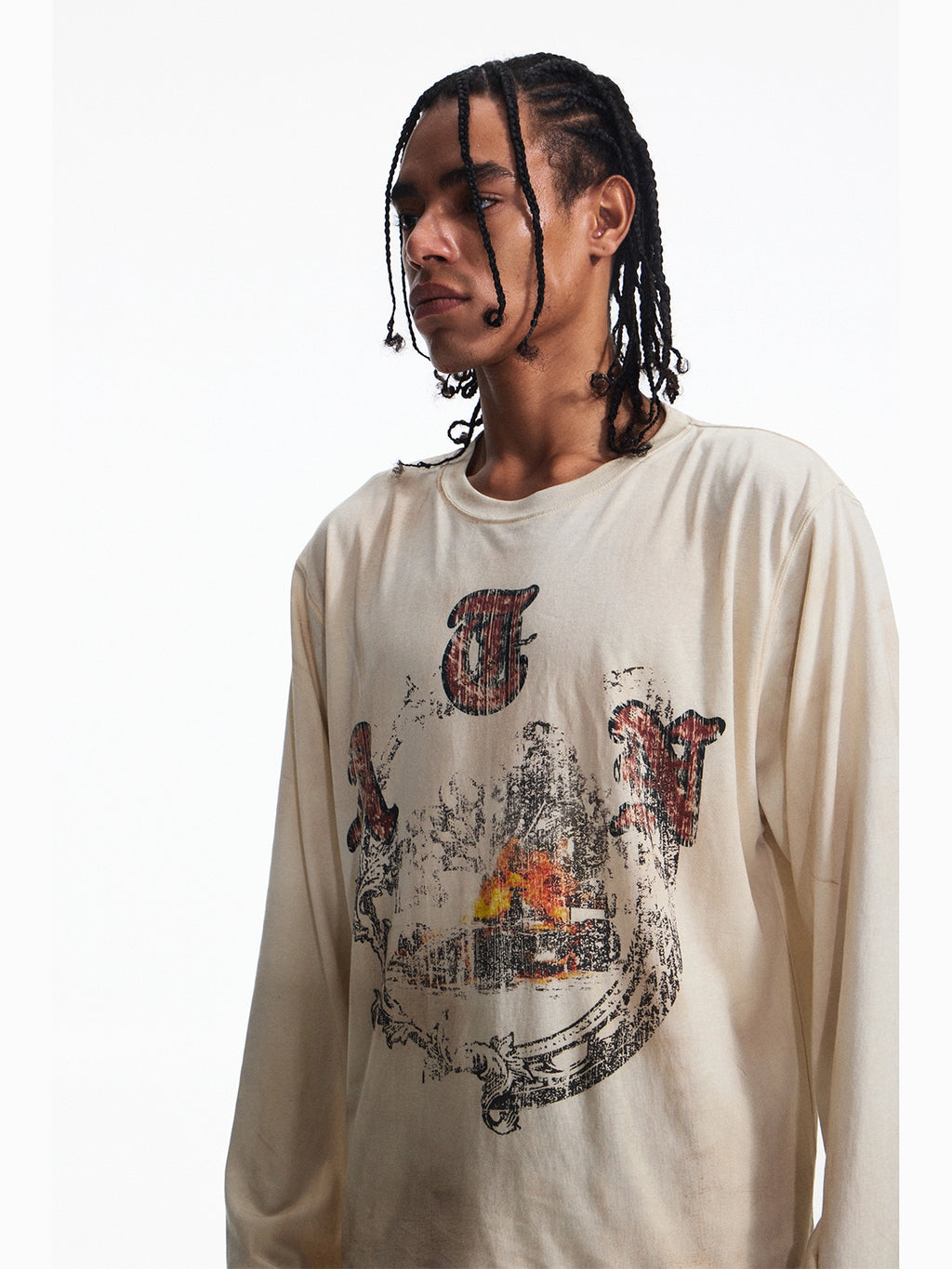 PEOPLESENSE Vintage Old Printed Loose Crew Neck Long Sleeves