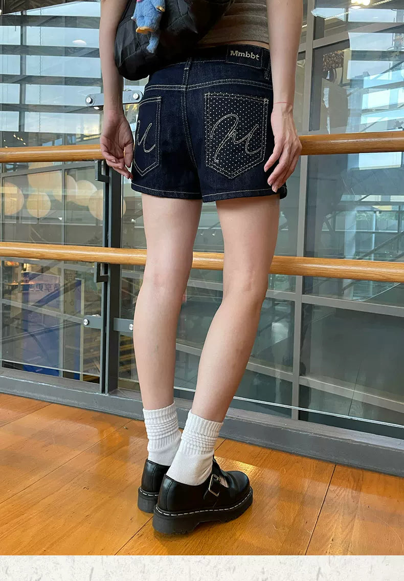 MMBBT Polka Dot Embroidered Denim Shorts