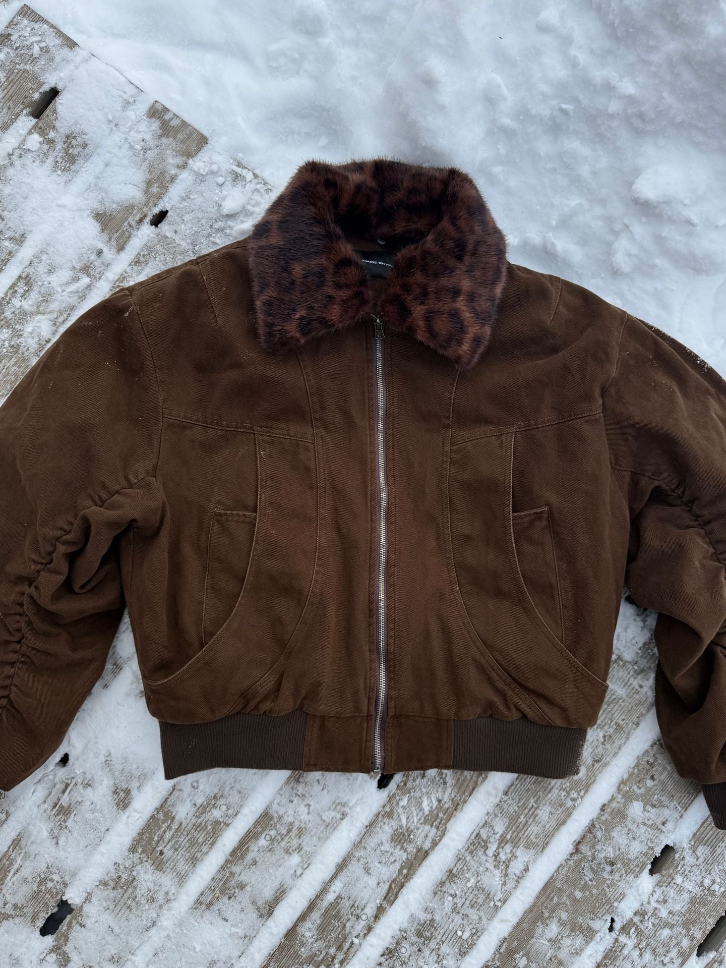 EME Leopard Print Fur Collar Vintage Coat