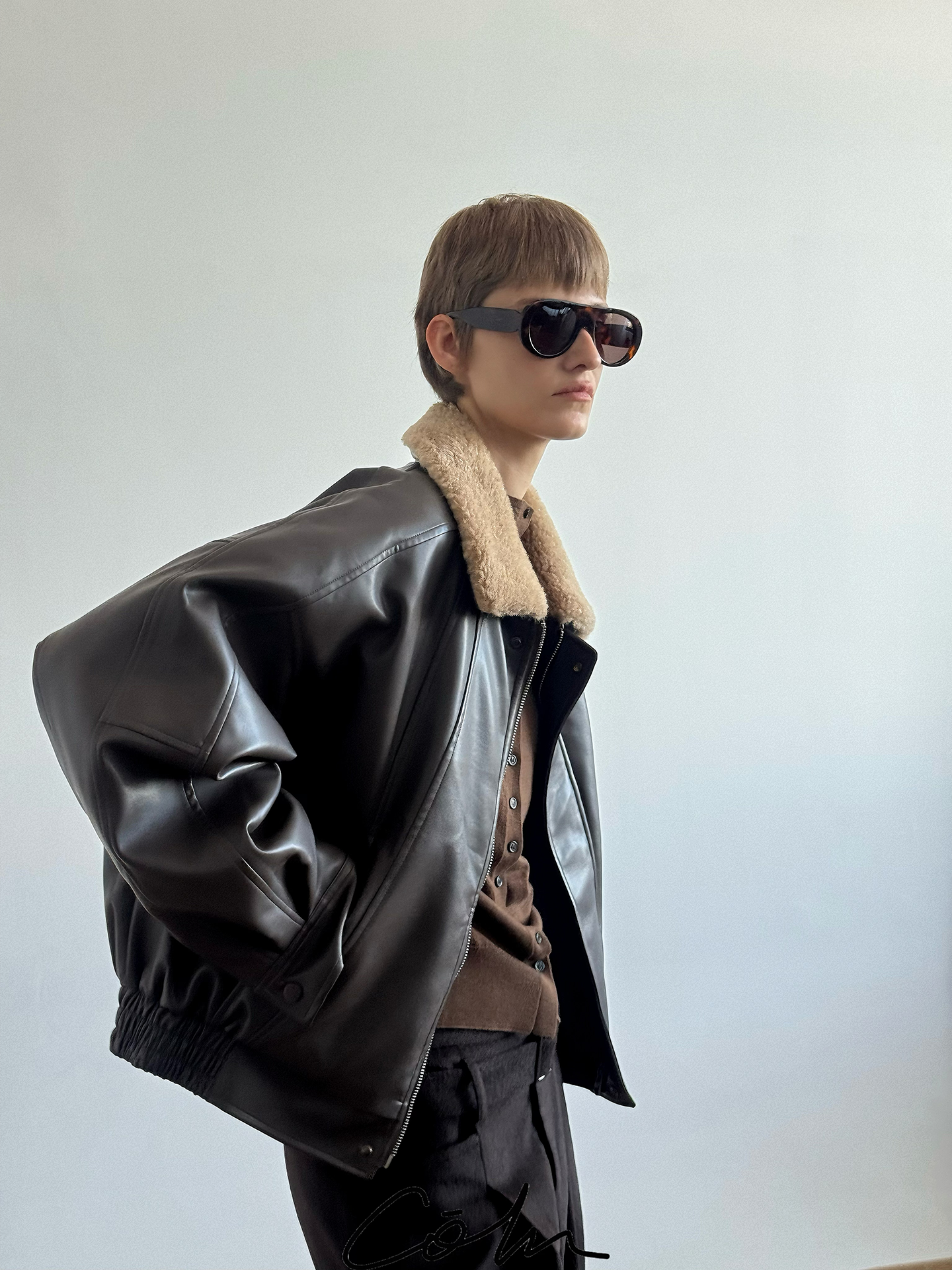 COLN PU Leather Jacket Sweater Collar Cotton Jacket