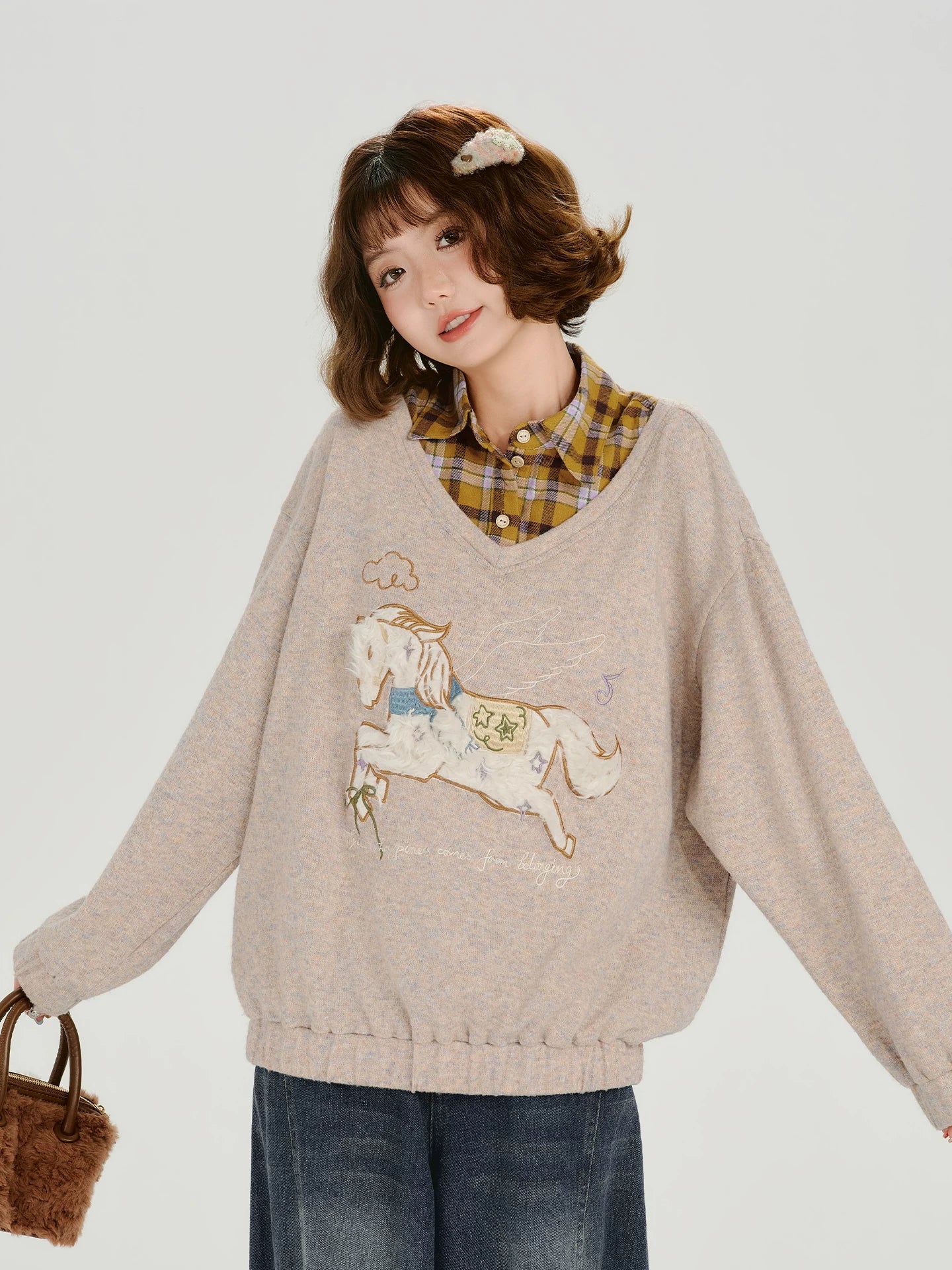 Girlyhalo Fake Two-piece Casual Versatile Knitted Sweater