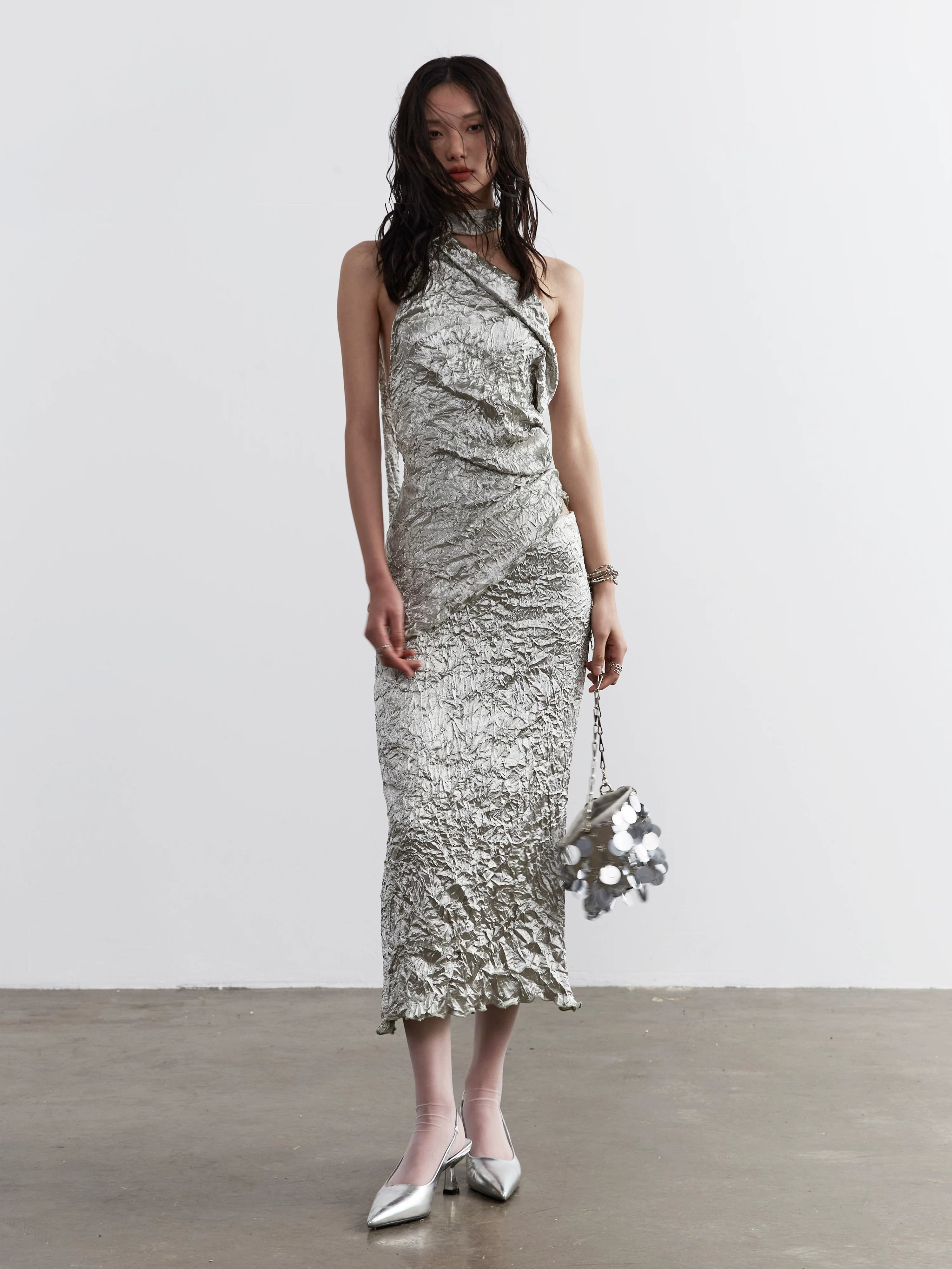 JNYLON Minimalist Satin Crumpled Two-piece Dress