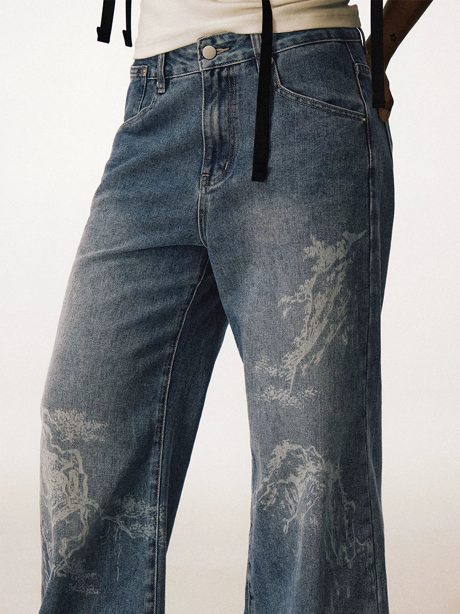 CONP Laser Landscape Burning Flower Slightly Pulled Jeans