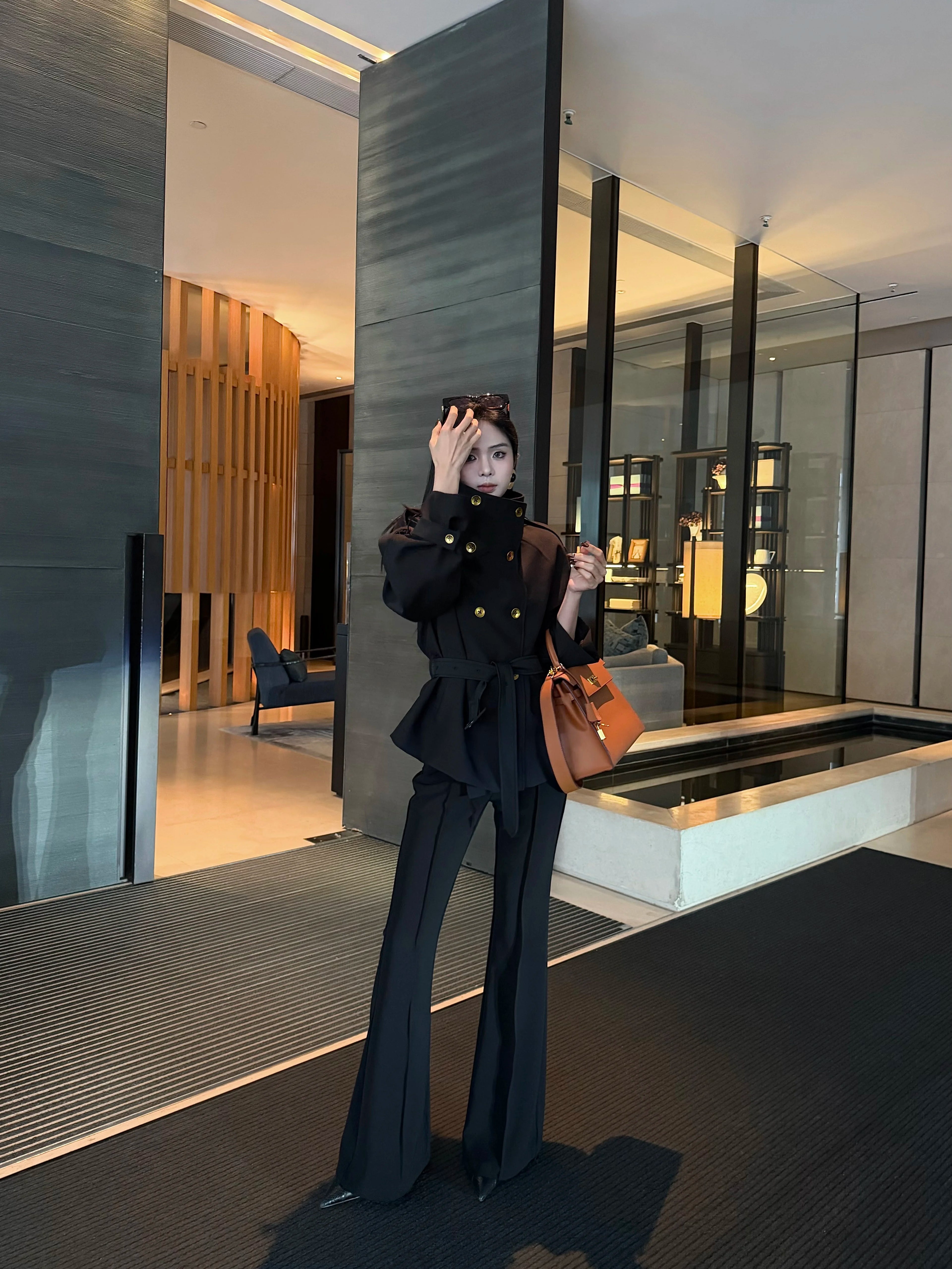 CHUYUQI Stand-up Collar Waist Double-breasted Trench Coat
