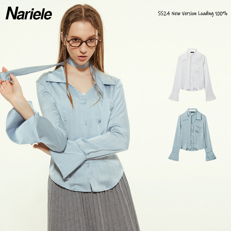 Nariele Embroidered Ribbon Short Long Sleeve Shirt