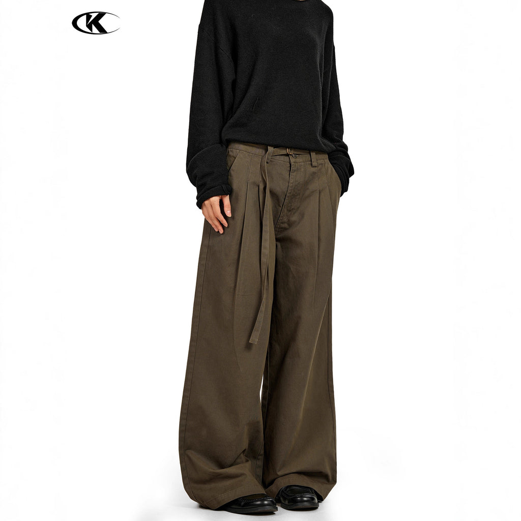 11KN Personalized Belt Pleated and Drape Wide-leg Pants