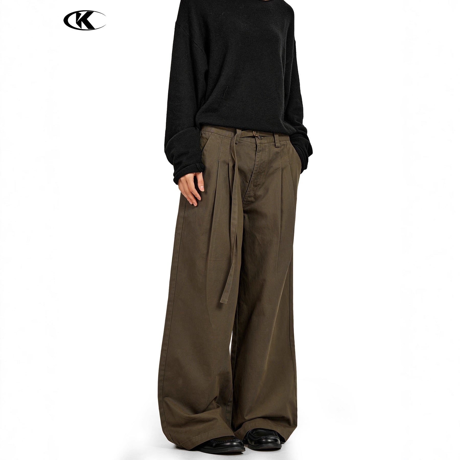 11KN Personalized Belt Pleated and Drape Wide-leg Pants