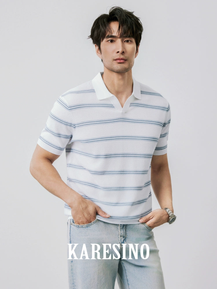 KARESINO Ice-silk Lapel-neck Striped Knitted Polo Shirt
