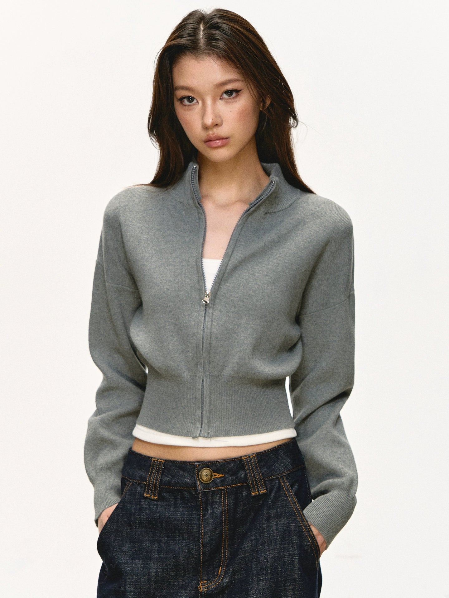 Anna Aneae Knitted Short Stand-up Neck Zip-up Jacket