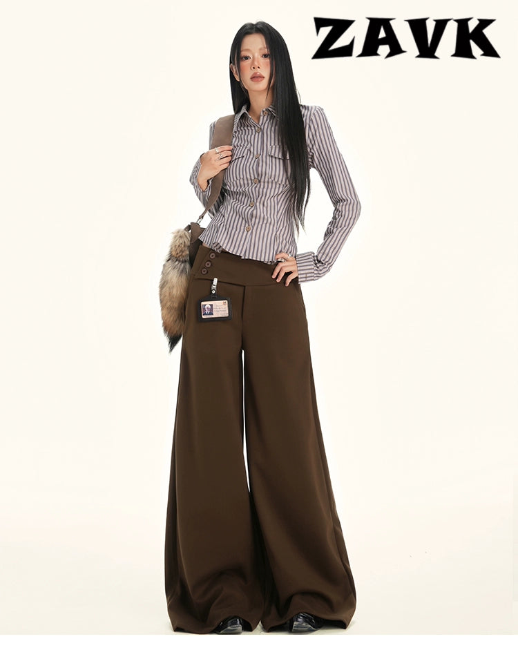 ZAVK Side Waist Button Skinny Wide Leg Pants