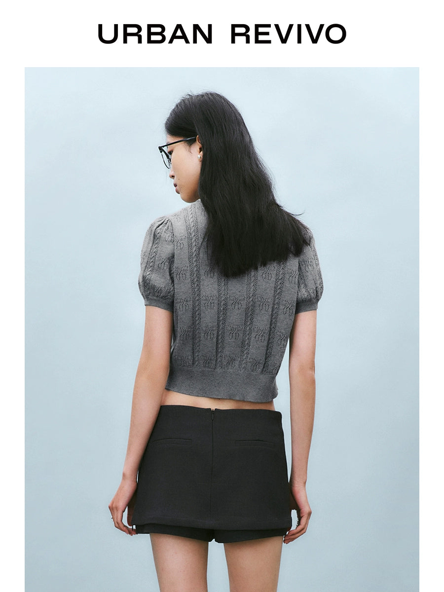 URBAN REVIVO Bow Texture Lace-up Short-sleeved Knitted Sweater