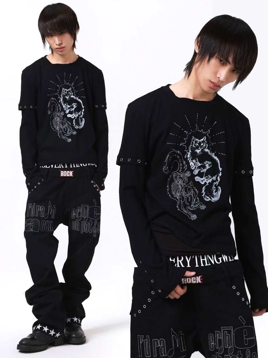 DETW Fake Two Pieces Micro-elastic Thin Metal Embellished Long Sleeves