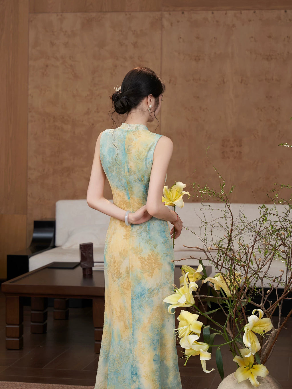 ZIHE Smudged Stretch Cheongsam Slim Sleeveless Dress