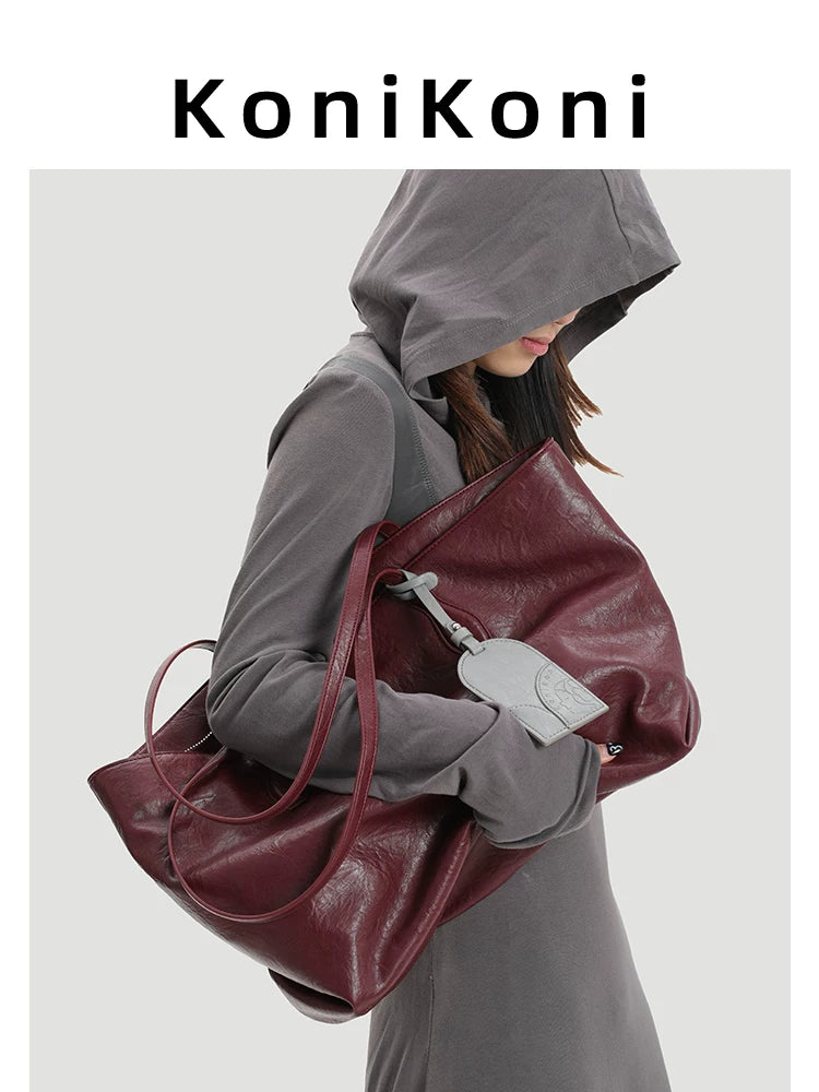 KoniKoni Leather Large Capacity Shoulder Bag