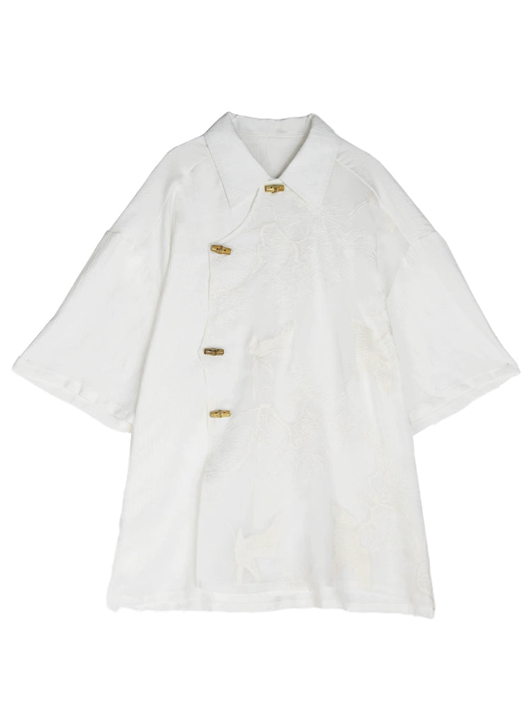YEDM Crane Embroidered Spliced Bamboo Button Shirt