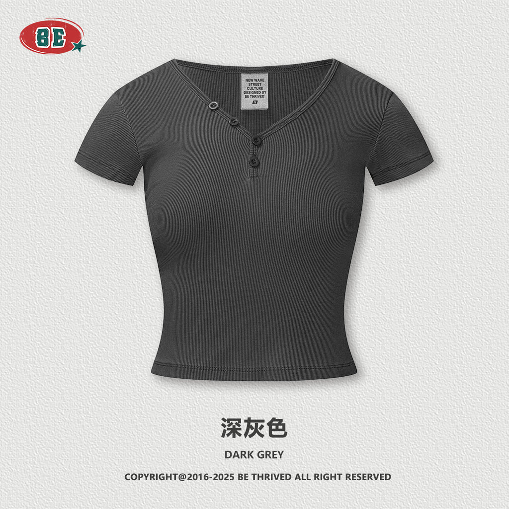 BE Women's slim fit top button v-neck tee