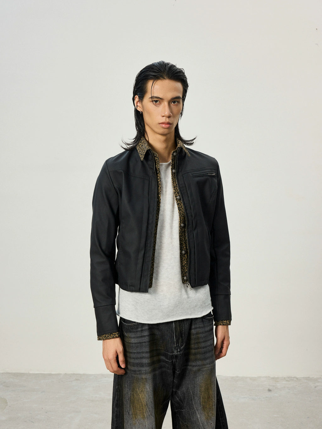 BTSG Short Fake Two-piece Leopard Print Spliced Jacket