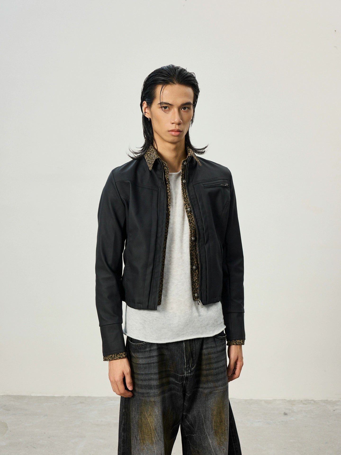 BTSG Short Fake Two-piece Leopard Print Spliced Jacket