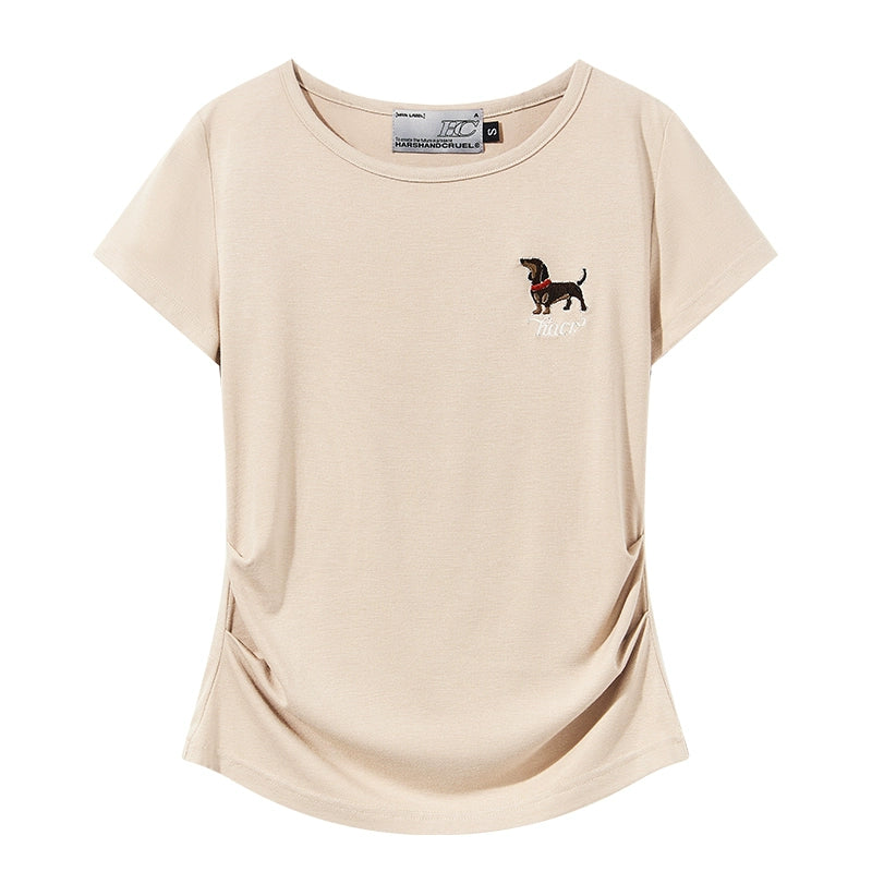 HACR Stretch Knit Embroidered Puppy Front Shoulder Tee