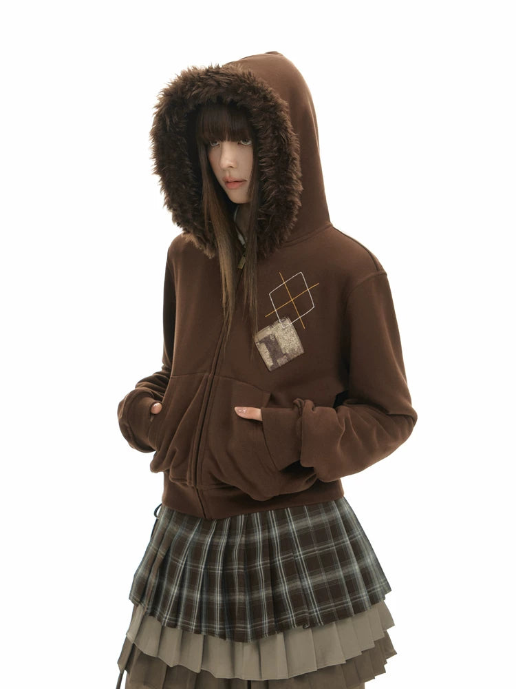 TGNS Hooded Removable Fur Collar Patch Embroidered Jacket