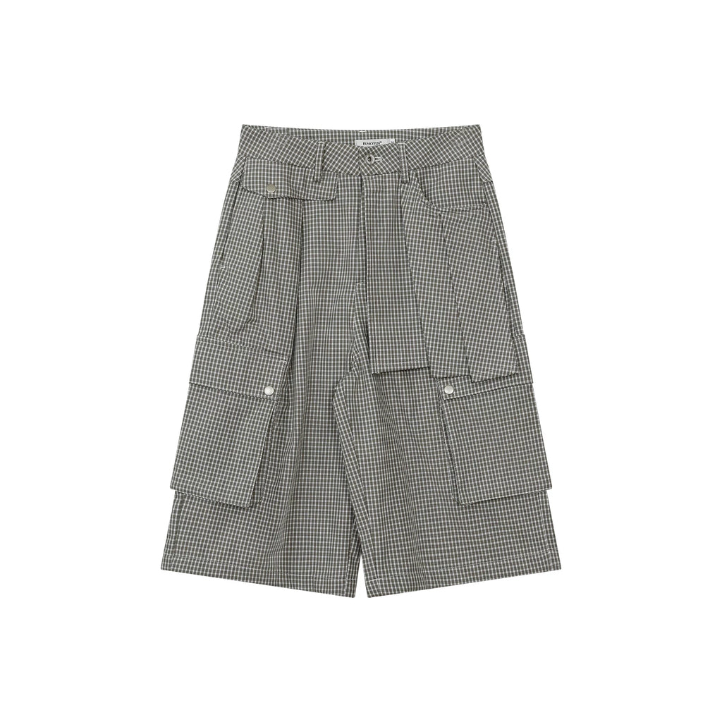 FUNKYFUN Plaid Multi-pocket Wide-leg Six-point Pants