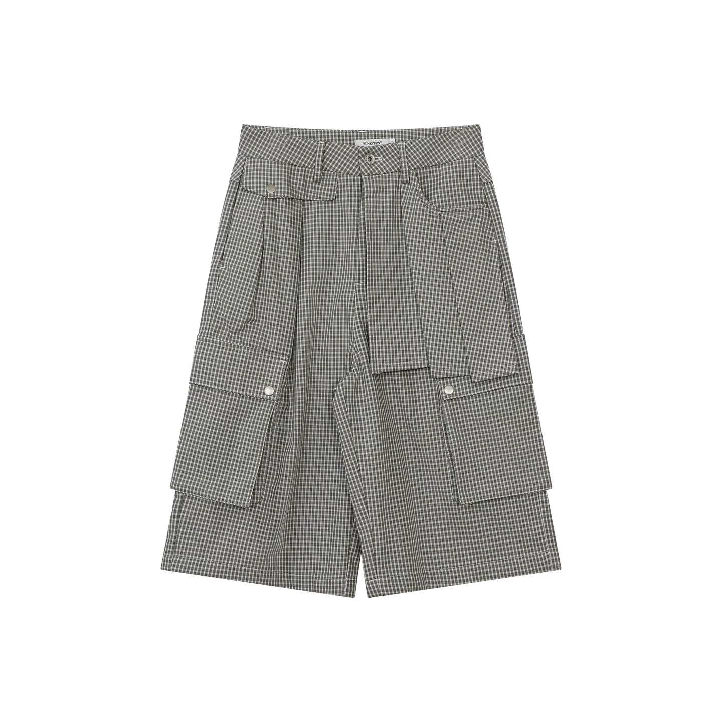 FUNKYFUN Plaid Multi-pocket Wide-leg Six-point Pants