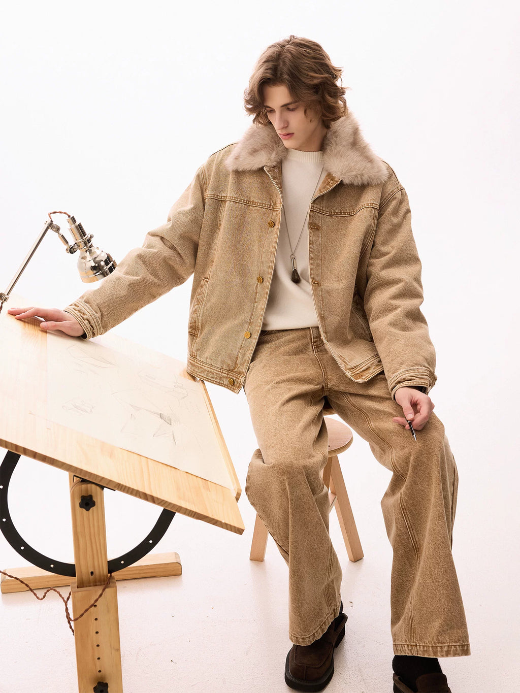 CHOR Removable Fur Collar Thickened Denim Jacket