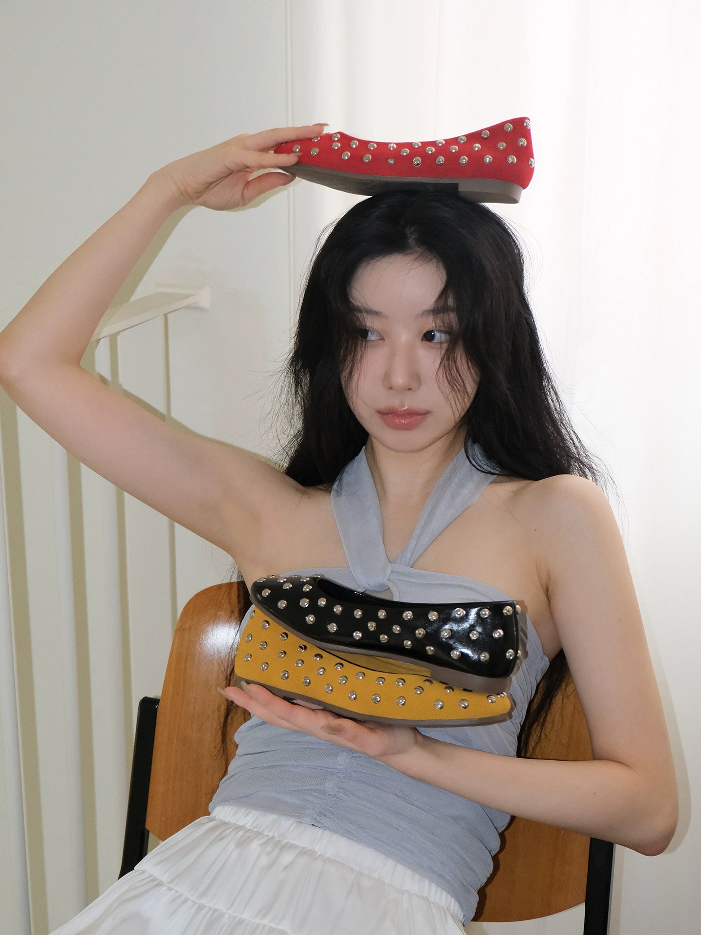 Mooreyu Rivet Round Head Leather Shallow Mouth Flat Mary Jane Shoes