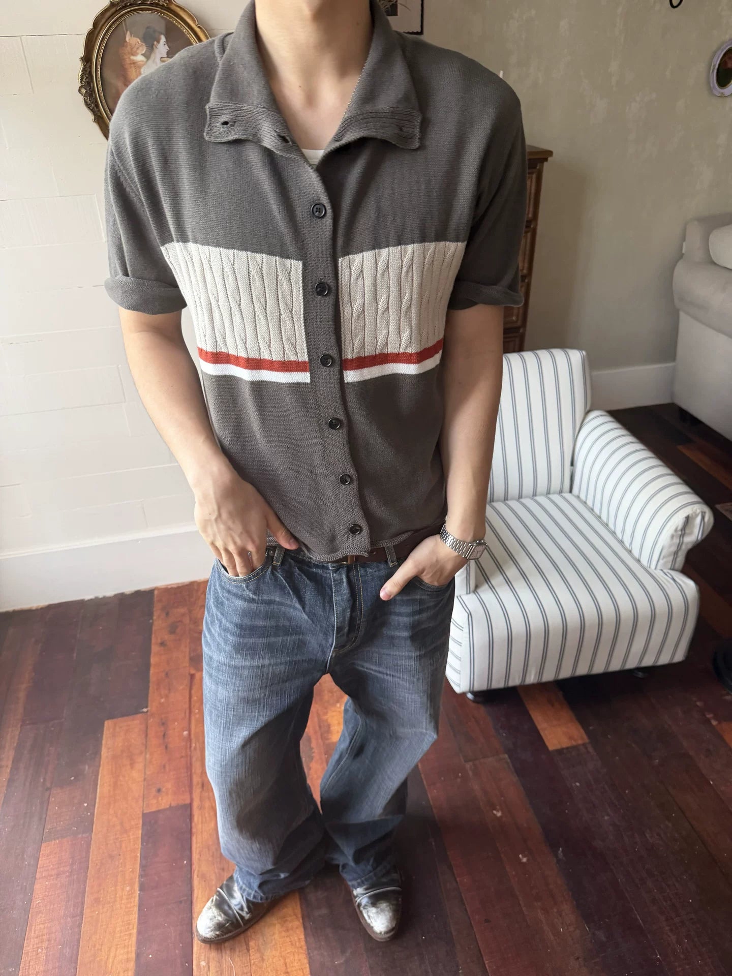 TREclub Retro Twisted Contrasting Thin Knitted Tee
