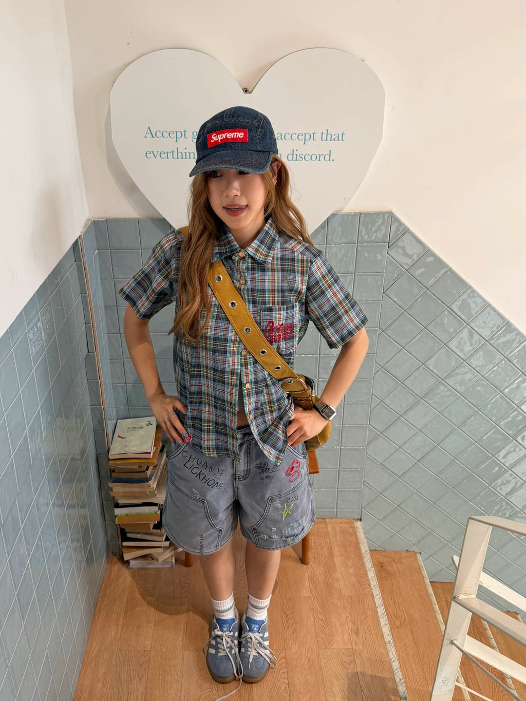 CCYE Embroidered Front Shoulder Loose Plaid Short-sleeved Shirt