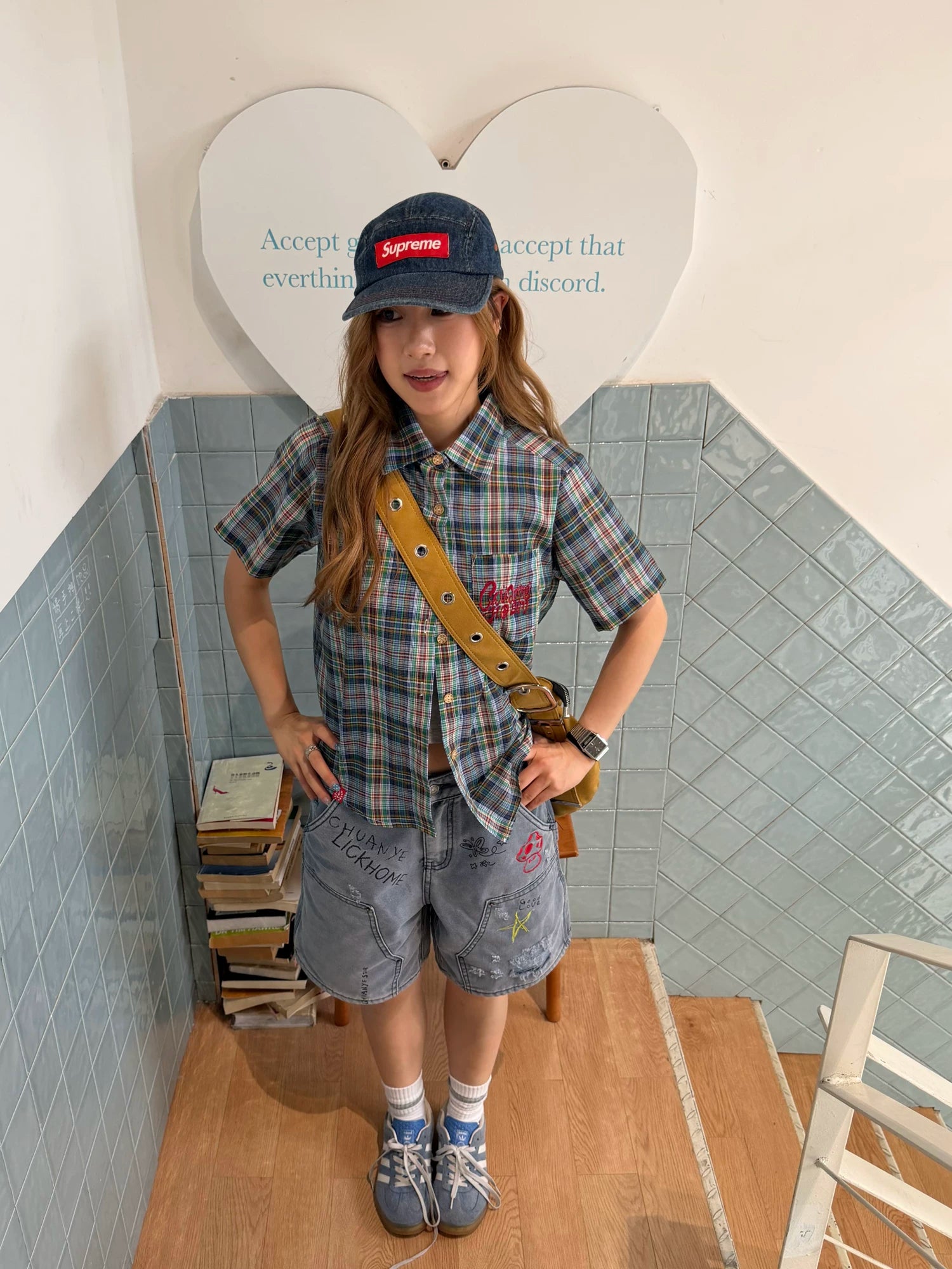 CCYE Embroidered Front Shoulder Loose Plaid Short-sleeved Shirt