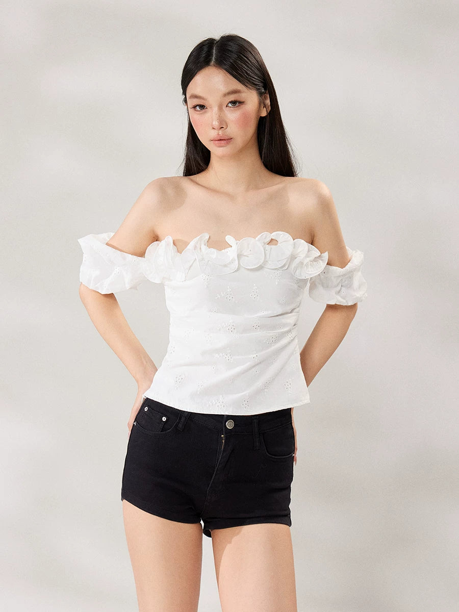 WITHMIN Temperament Three-dimensional Lace Thin Off-the-shoulder Tee