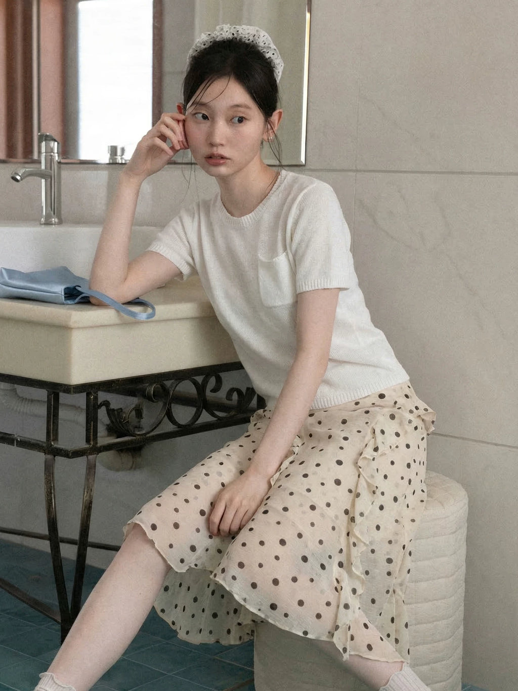 Cantonstory Crew Neck Shoulder Skinny Knitted Tee