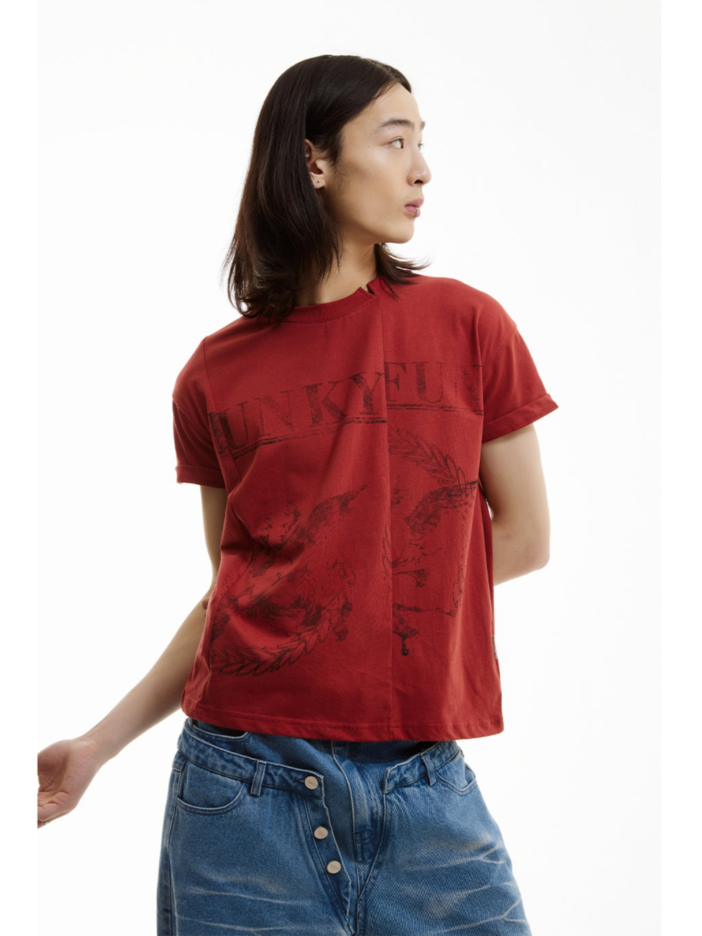 FUNKYFUN Cupid Old Printing Irregular Splicing Tee