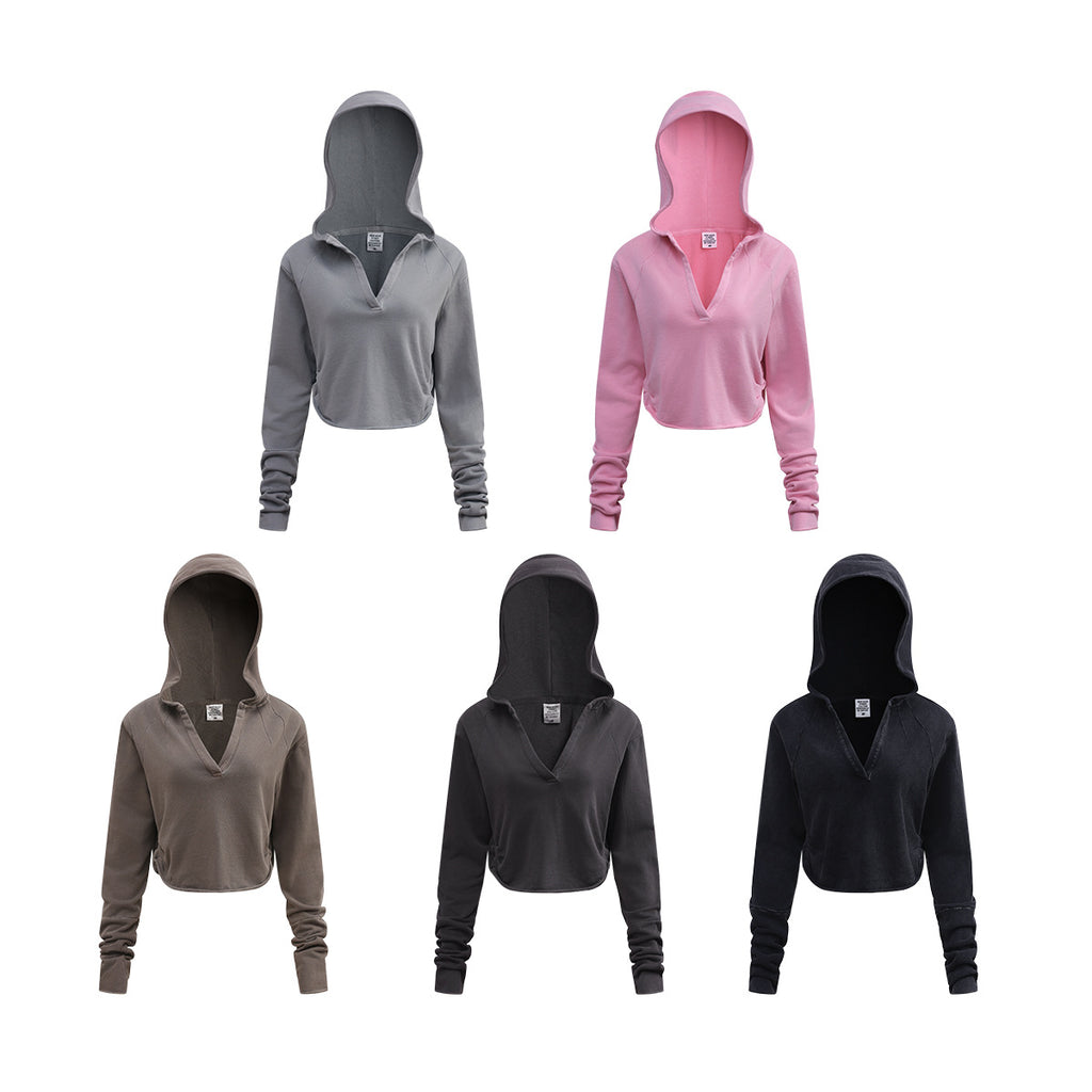 BE Retro V-neck Pleated Short Half-open Neck Hooded Long Sleeves