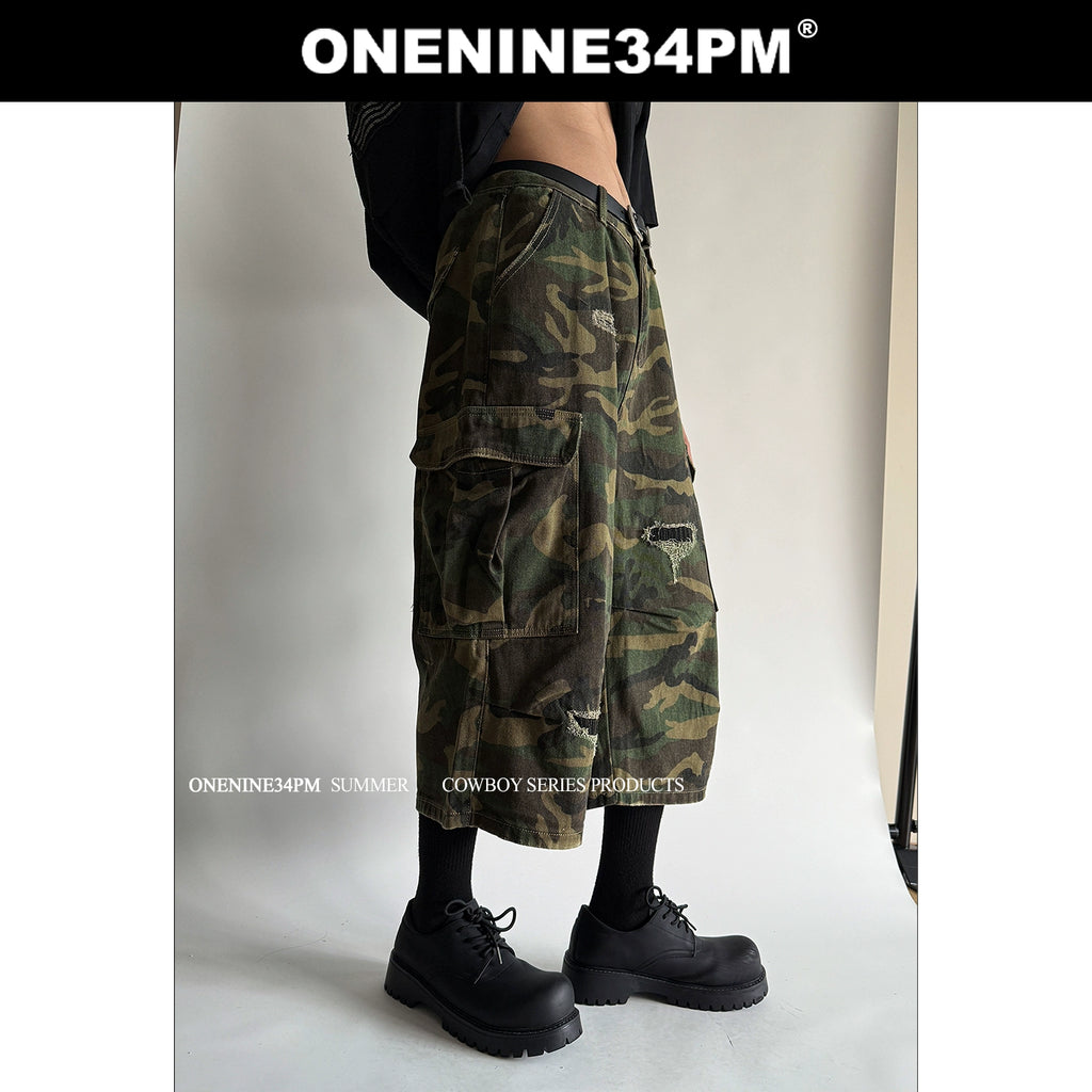 ONENINE34PM Retro Ripped Seven-point Camouflage Overalls