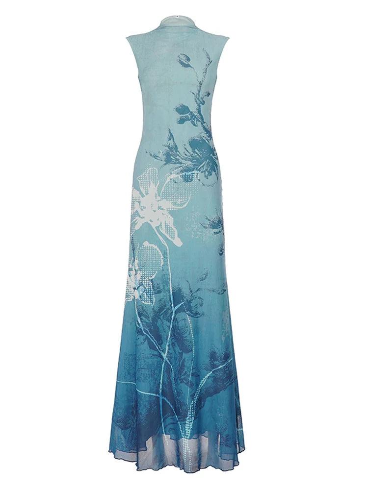 FUNOFF Retro Floral Gradual Change Waist Cheongsam Dress