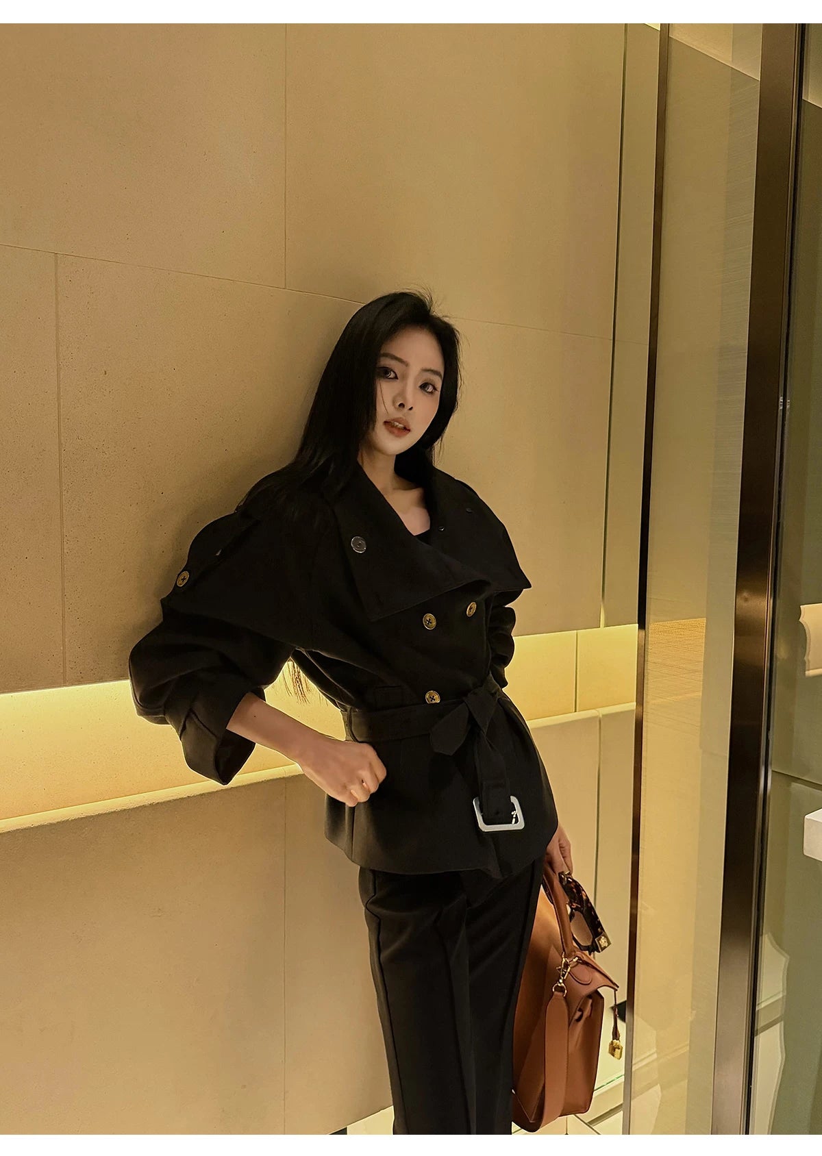 CHUYUQI Stand-up Collar Waist Double-breasted Trench Coat