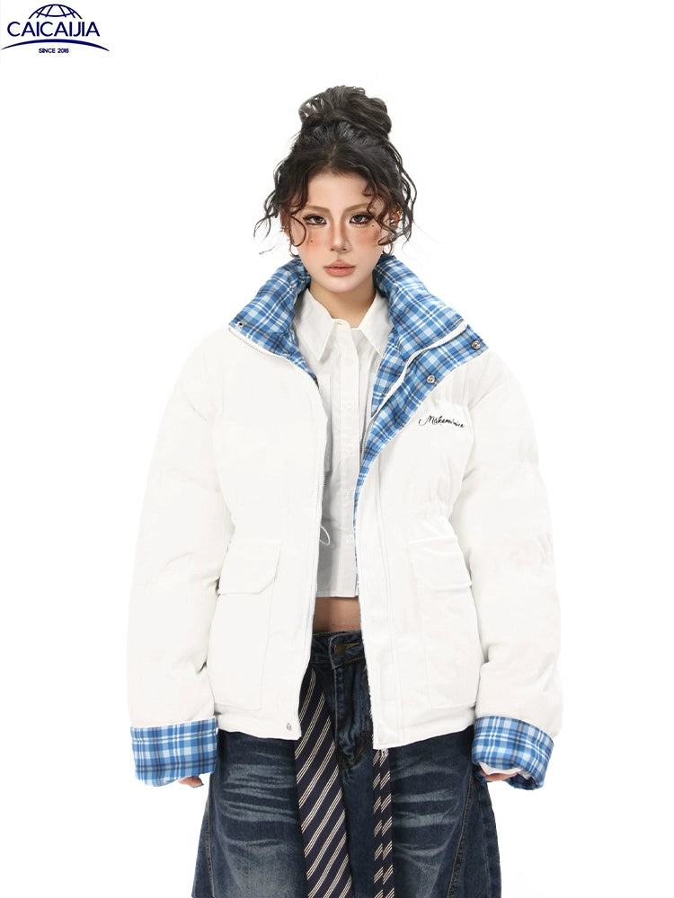 Kenvibe Plaid Paneled Loose Thickened Warm Jacket