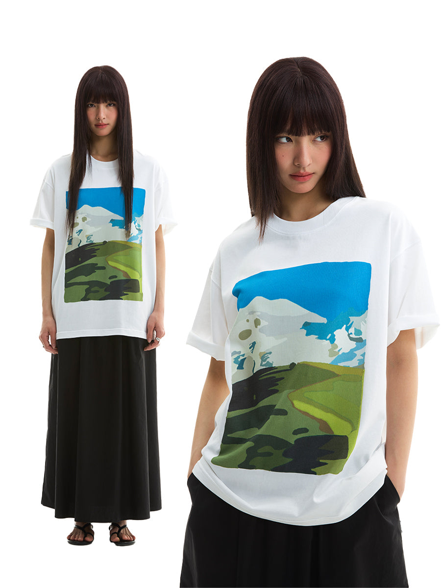 FUNKYFUN Hand-painted Oil Painting Sense Printing Loose TEE