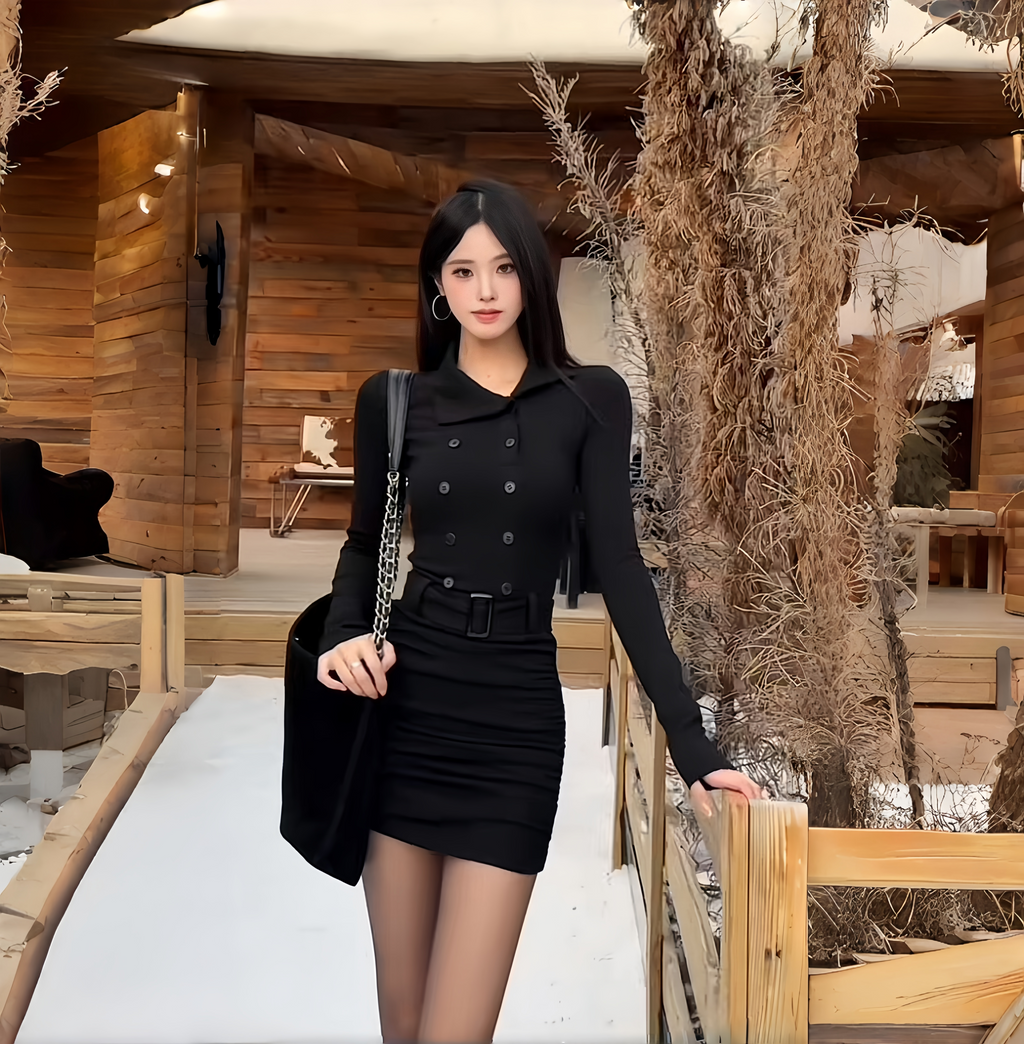 Instunning Turtleneck Long-sleeved Breasted Belt Temperament Dress