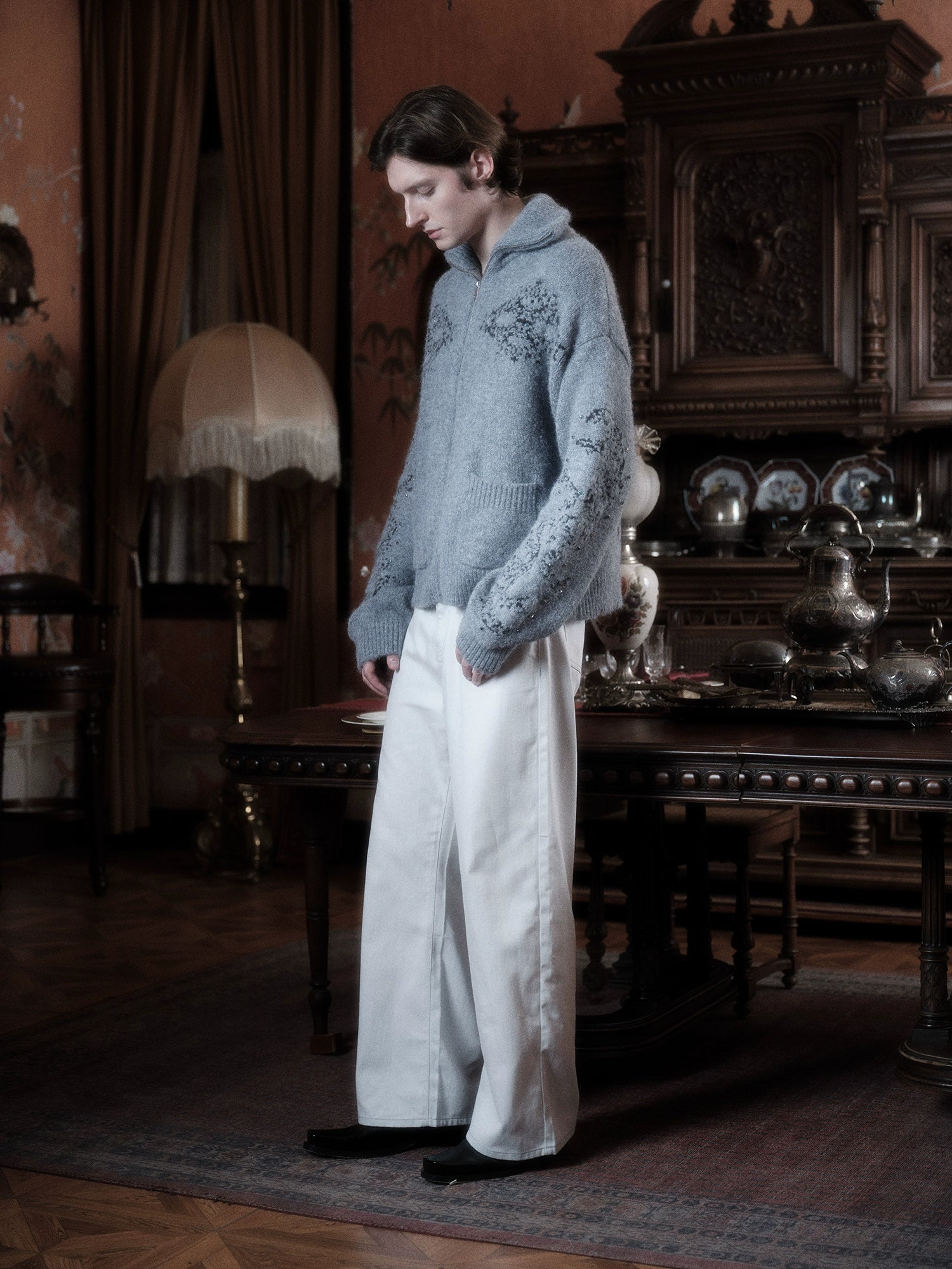 WANNA LAB Jacquard Upturned Neck Knitted Cardigan Sweater