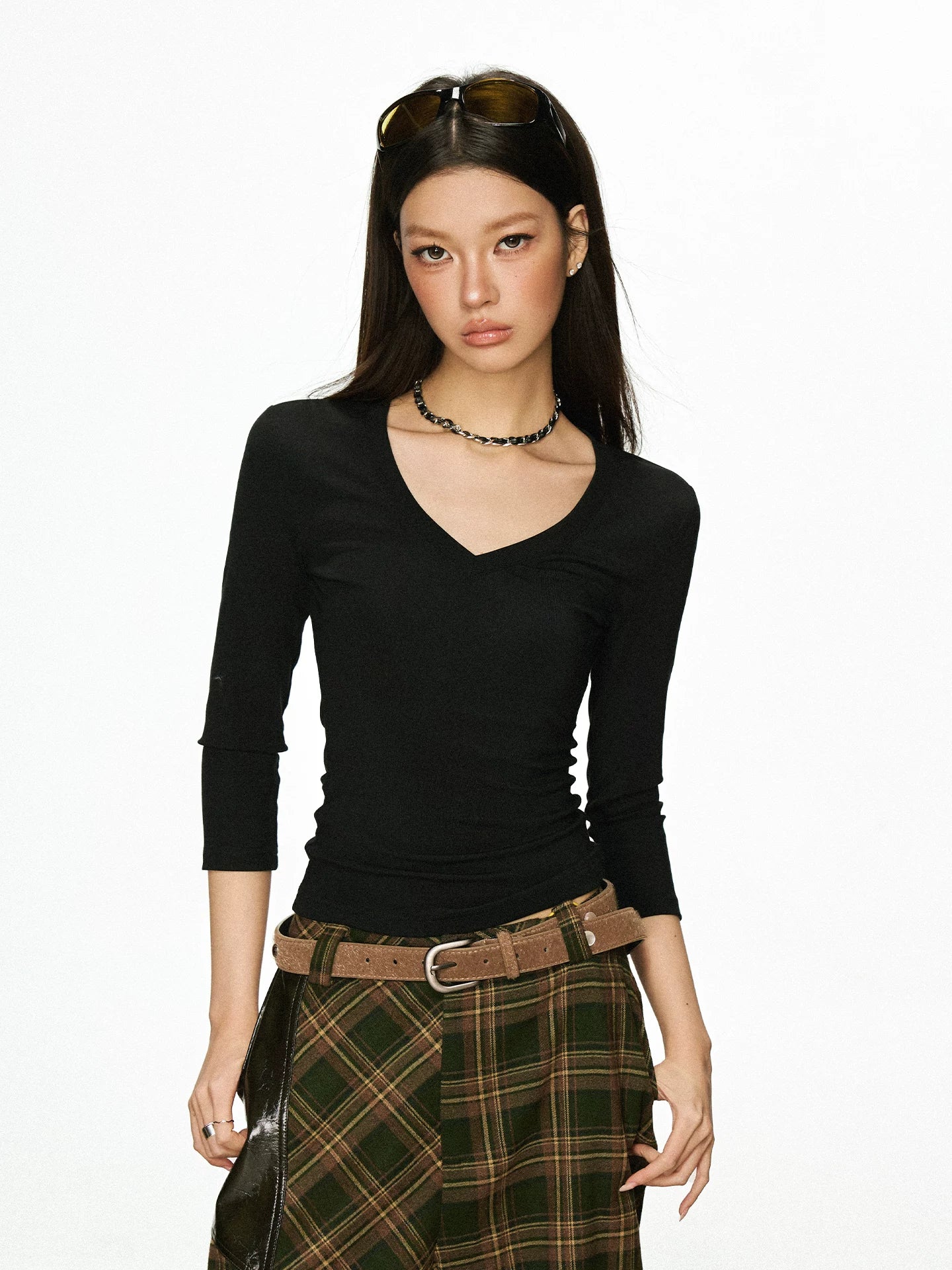 Cherry Melody Retro Slim V-neck Slim Versatile Seven-quarter Sleeve