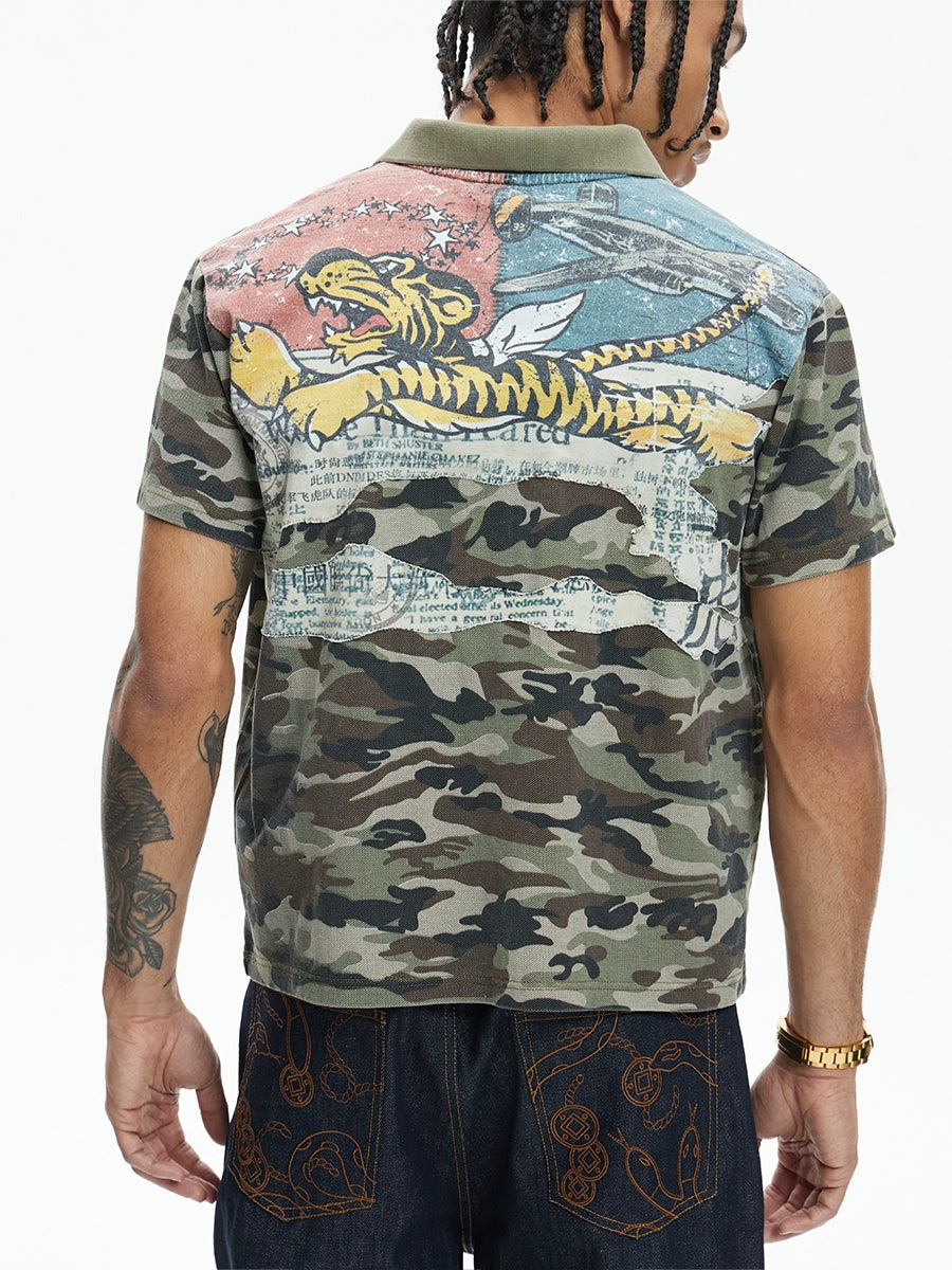 DND4DES Flying Tiger Printed Patch Splicing Camouflage POLO Shirt