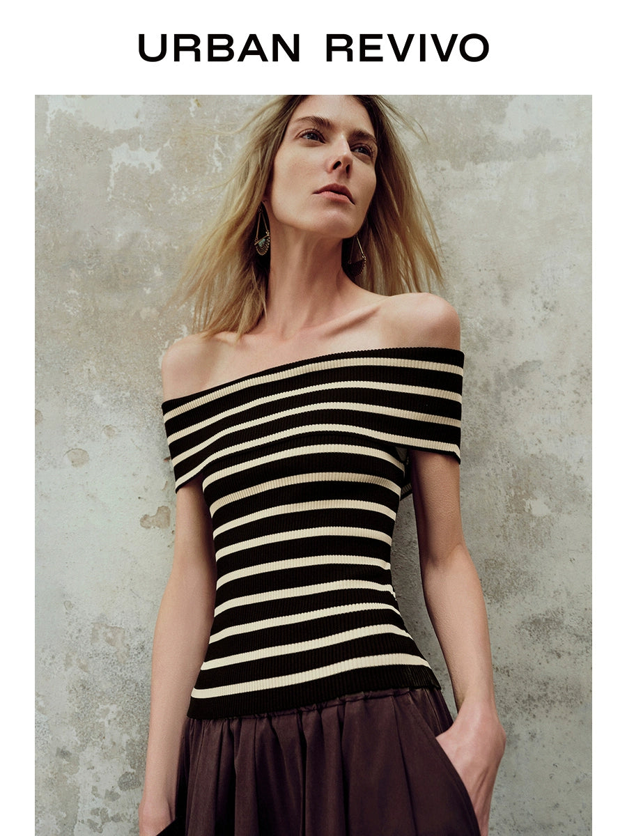 URBAN REVIVO One-word Shoulder Contrasting Striped Pit-pattern Knitted Sweater