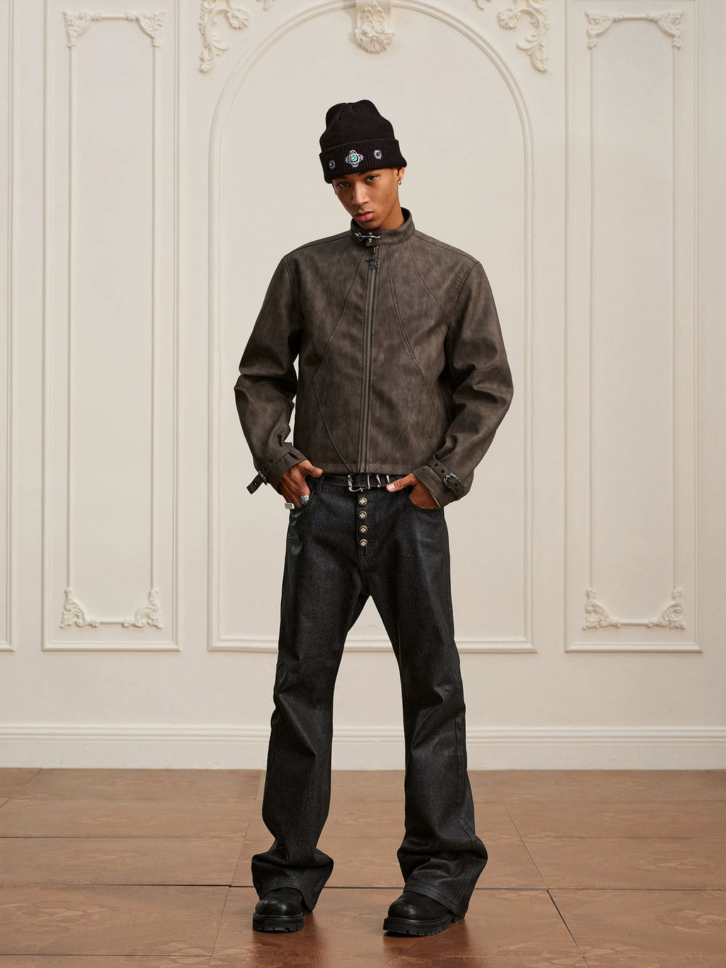 YADcrew Washed Mottled Aircraft Buckle Scimitar Locomotive Leather Jacket