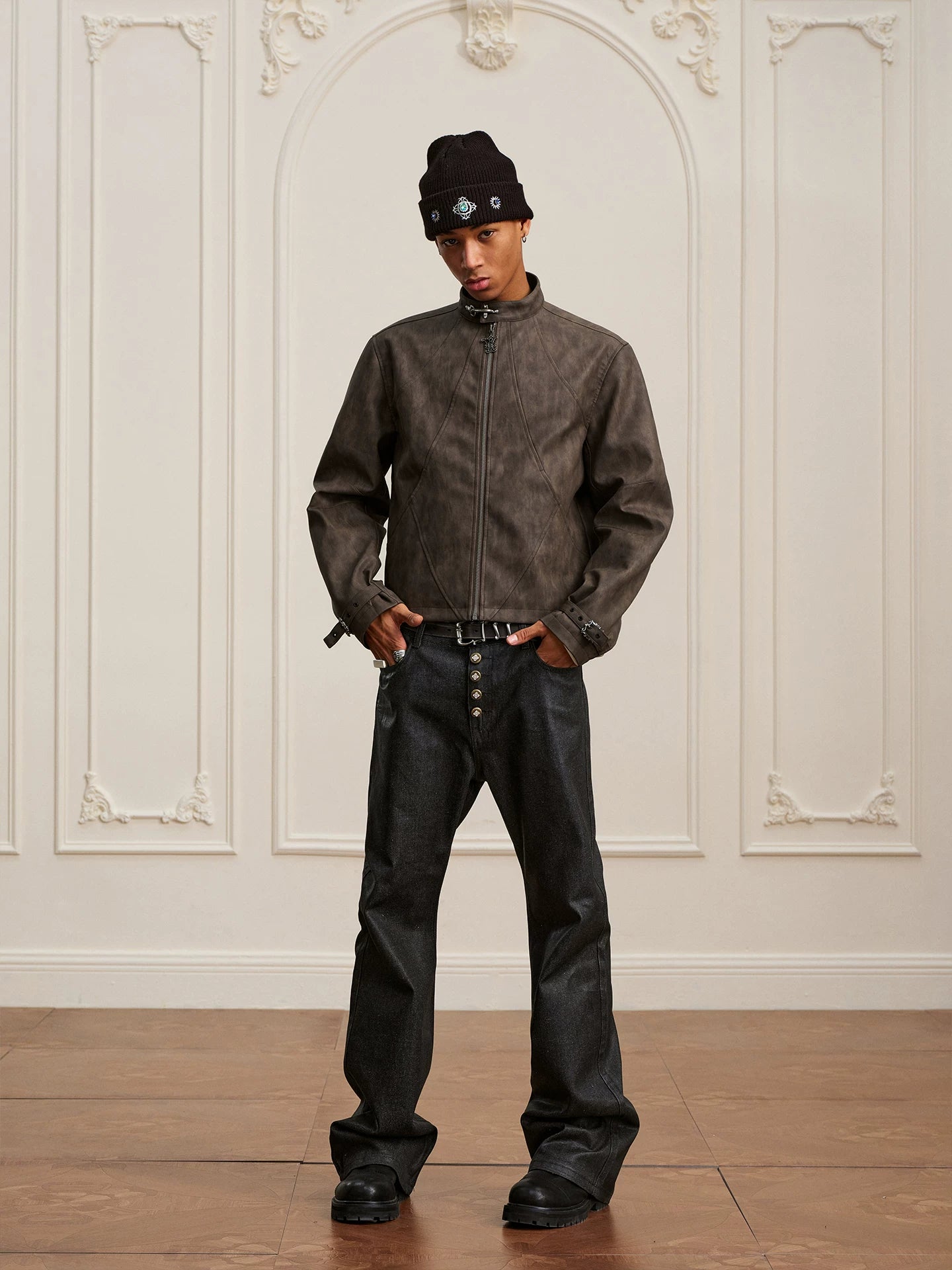 YADcrew Washed Mottled Aircraft Buckle Scimitar Locomotive Leather Jacket